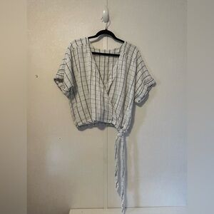 Free People White Blue Cloud Grid Print Side Tie Linen Blend Blouse Small